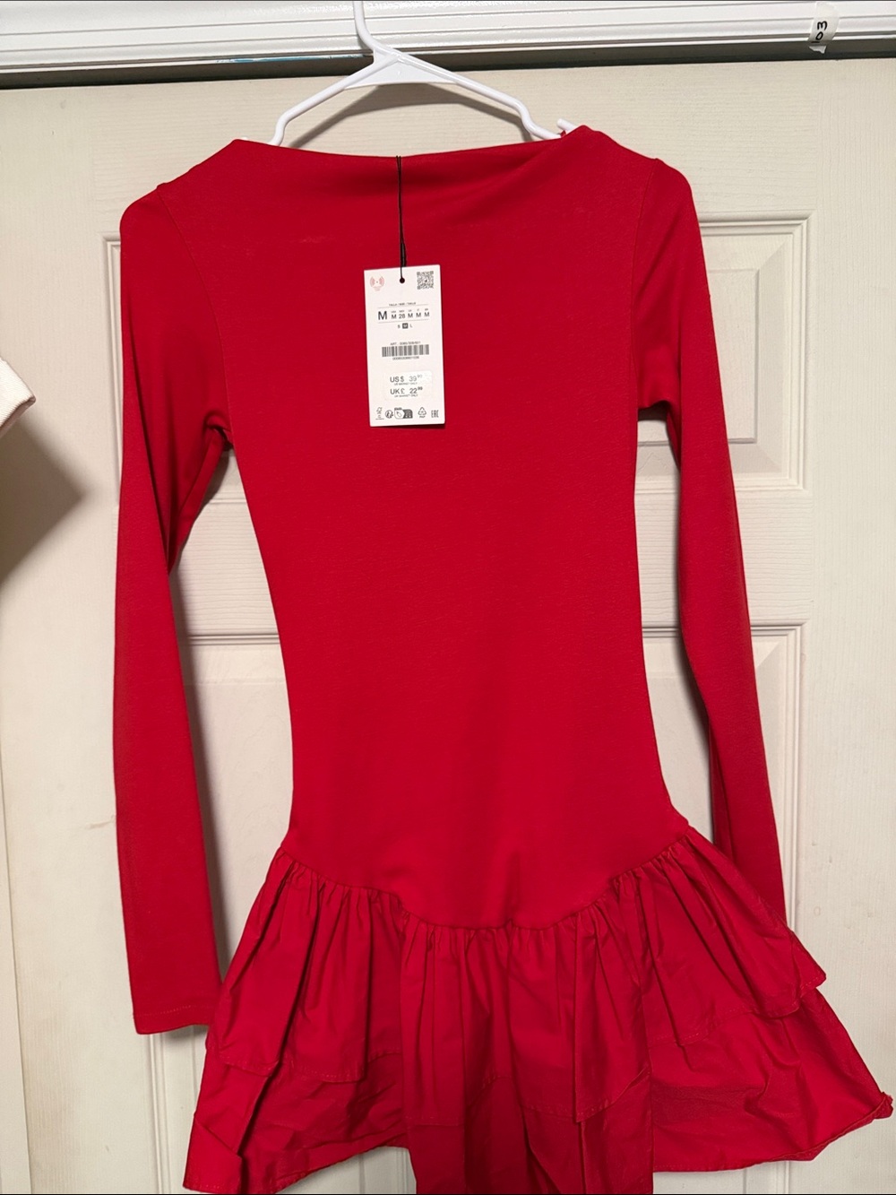 Zara Red Long-Sleeve Ruffle Hem Dress Top